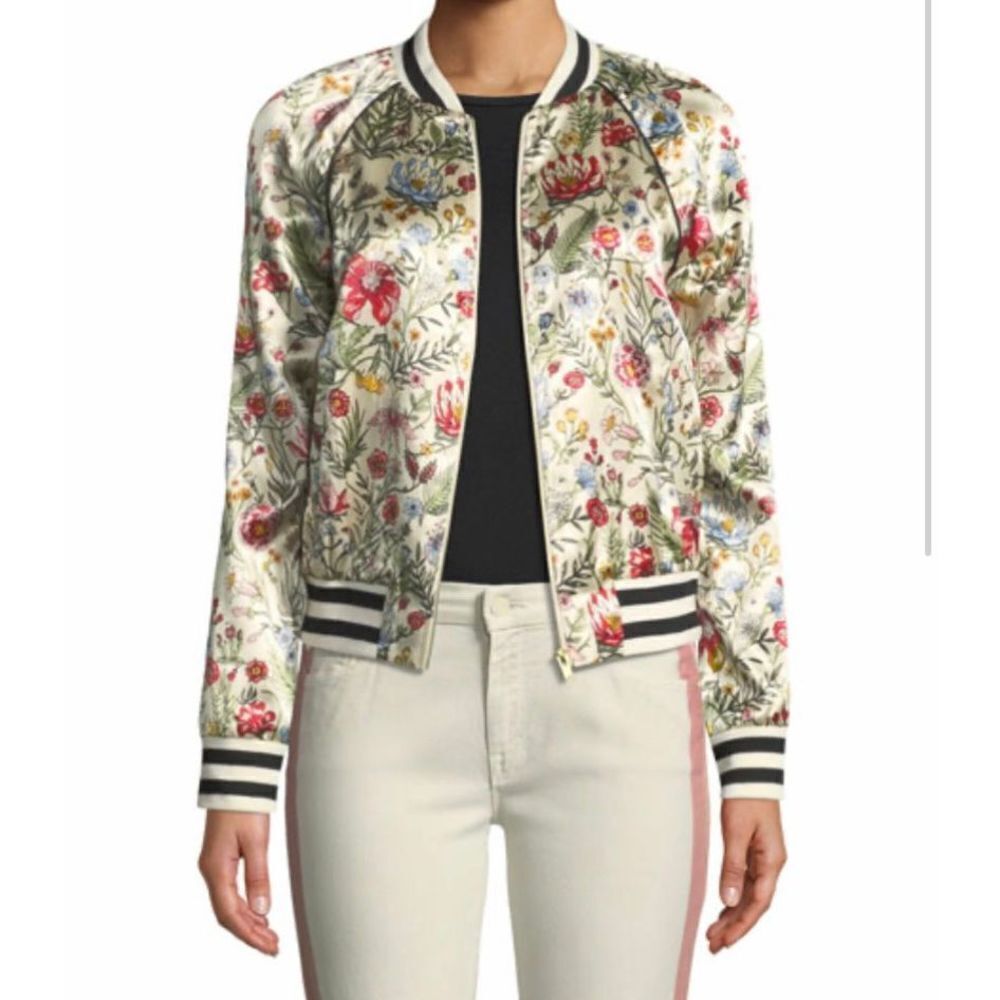 MOTHER Floral Satin Bomber Jacket in Ivory with Multicolor Floral Print